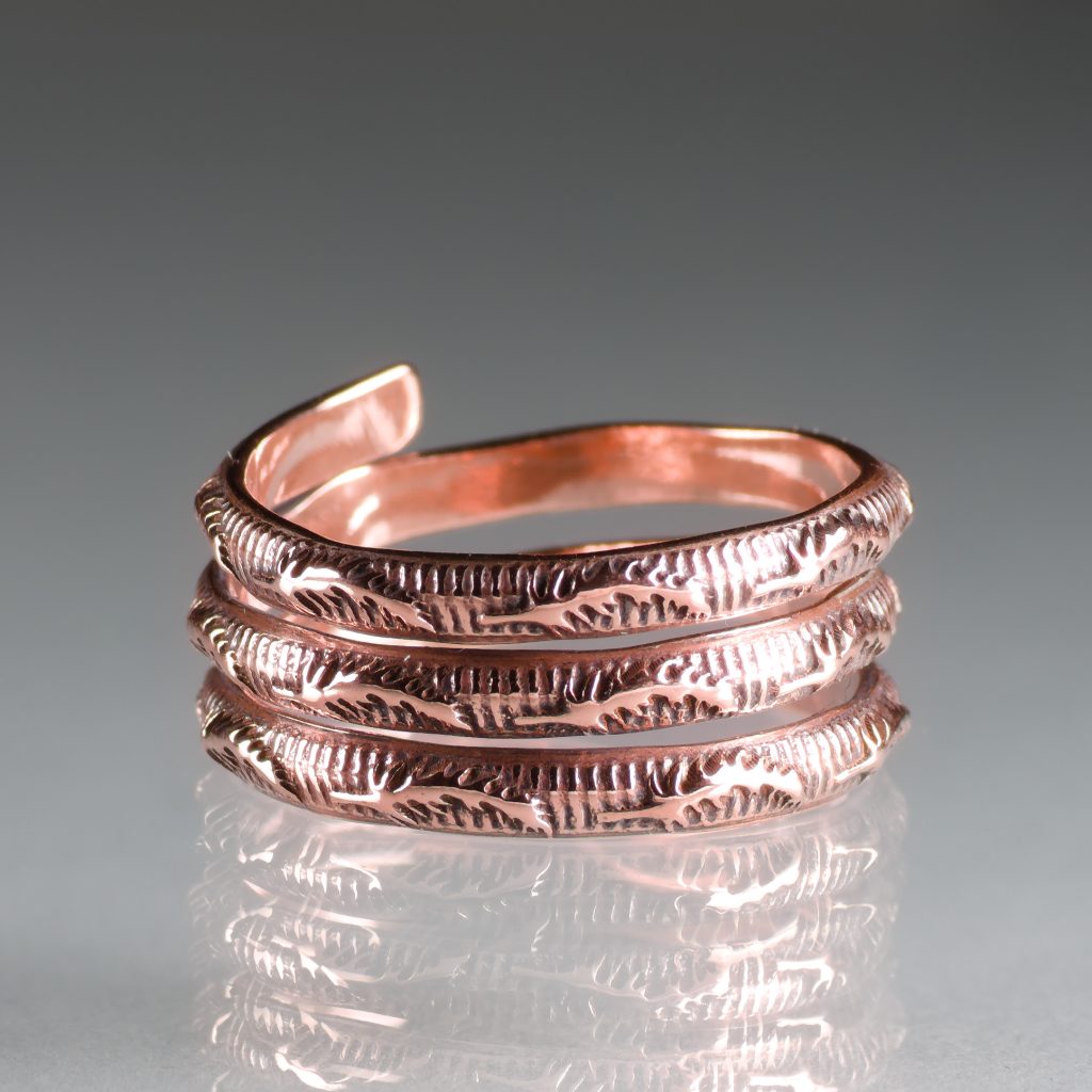 copper wrap ring with embossed leaf pattern