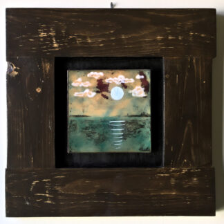 glass enamel on copper framed art work entitled Lake at Night