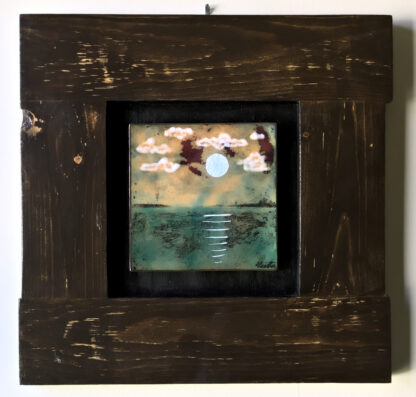 glass enamel on copper framed art work entitled Lake at Night